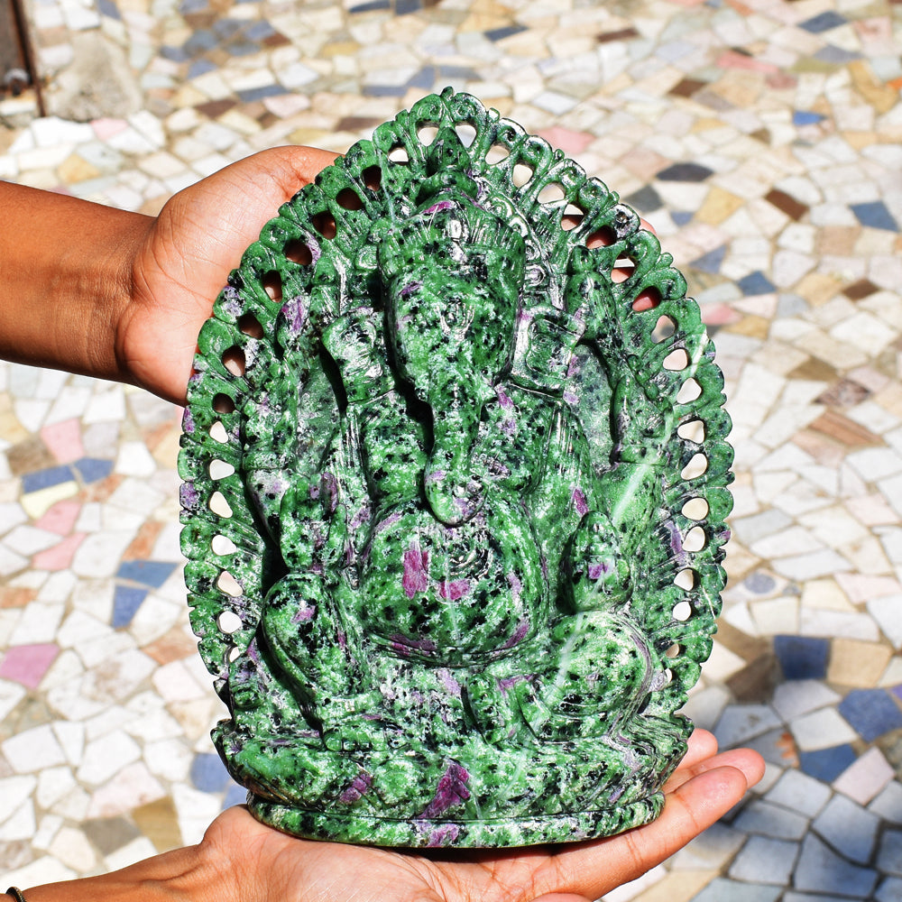 Stunning 13300.00 Cts  Genuine Ruby Zoisite Hand Carved Crystal Gemstone Carving Lord Ganesha