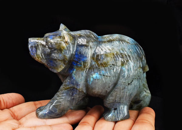 Exclusive  2901.00  Cts Genuine Amazing Flash Labradorite Hand  Carved  Bear  Gemstone  Carving