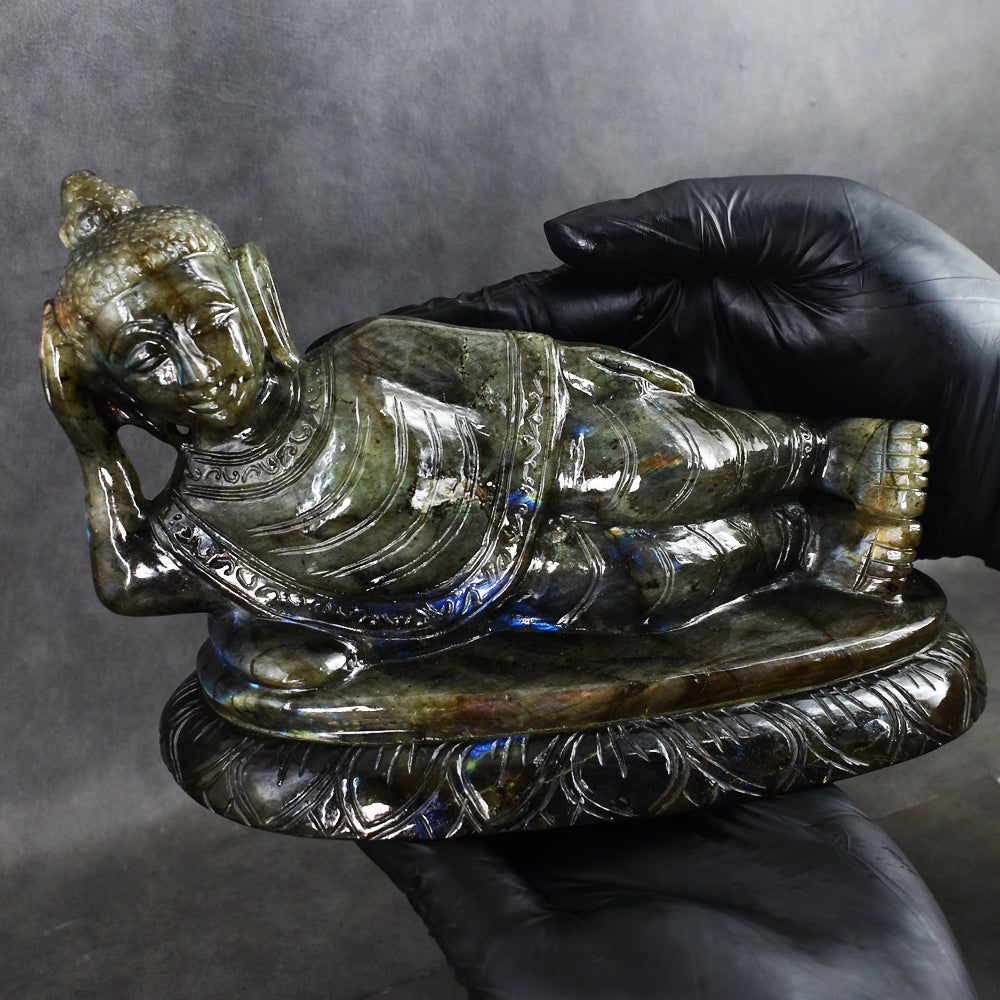 Exclusive 7235.00 Cts Genuine Blue Flash Labradorite Hand Carved Crystal Sleeping Buddha Gemstone Carving Exclusive 7235.00 Cts Genuine Blue Flash Labradorite Hand Carved Crystal Sleeping Buddha Gemstone Carving