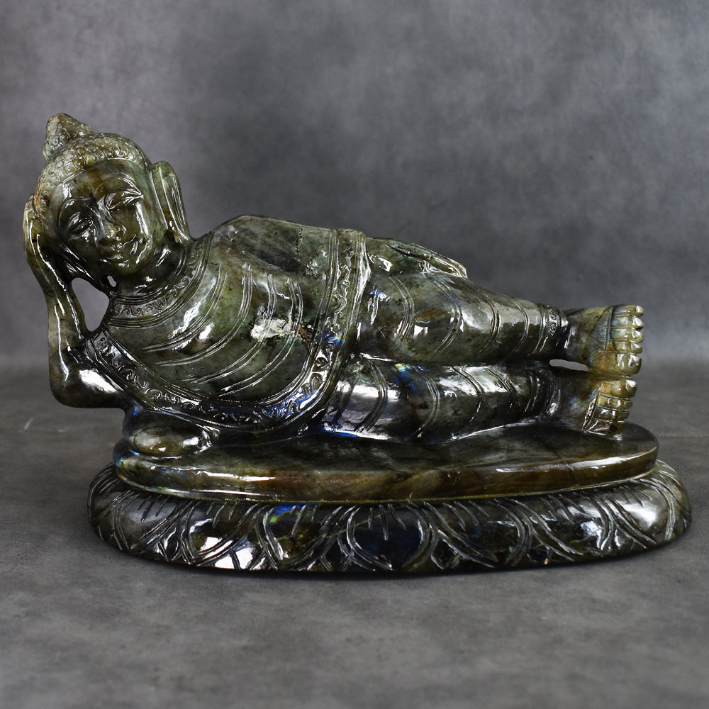Exclusive 7235.00 Cts Genuine Blue Flash Labradorite Hand Carved Crystal Sleeping Buddha Gemstone Carving Exclusive 7235.00 Cts Genuine Blue Flash Labradorite Hand Carved Crystal Sleeping Buddha Gemstone Carving