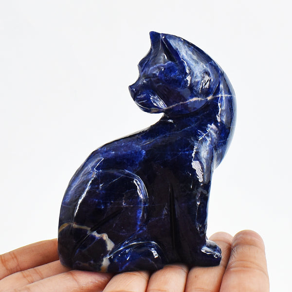 Natural  1537.00  Carats  Genuine Blue Sodalite Hand Carved Crystal Gemstone Cat Carving