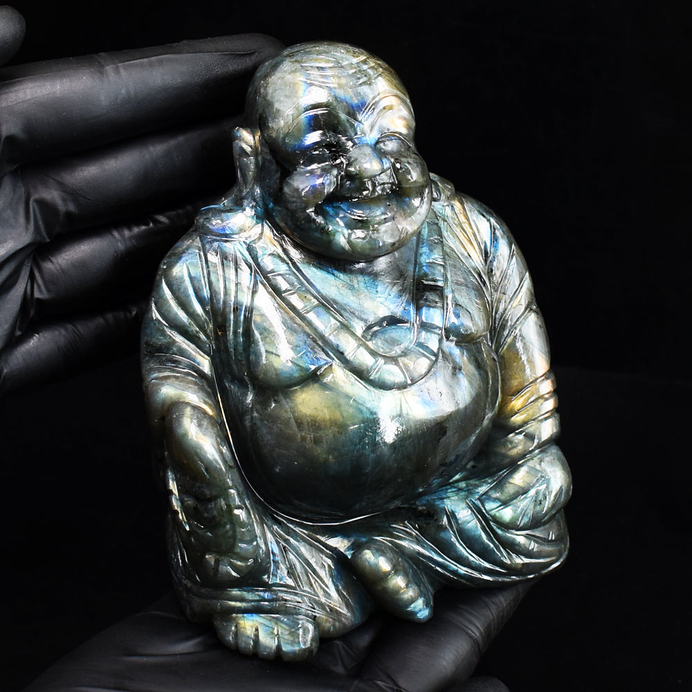 Awesome 4964.00 Cts Genuine Amazing Flash Labradorite Hand Carved Gemstone Laughing Buddha Carving Awesome 4964.00 Cts Genuine Amazing Flash Labradorite Hand Carved Gemstone Laughing Buddha Carving