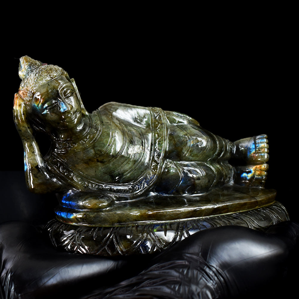 Exclusive 7235.00 Cts Genuine Blue Flash Labradorite Hand Carved Crystal Sleeping Buddha Gemstone Carving Exclusive 7235.00 Cts Genuine Blue Flash Labradorite Hand Carved Crystal Sleeping Buddha Gemstone Carving