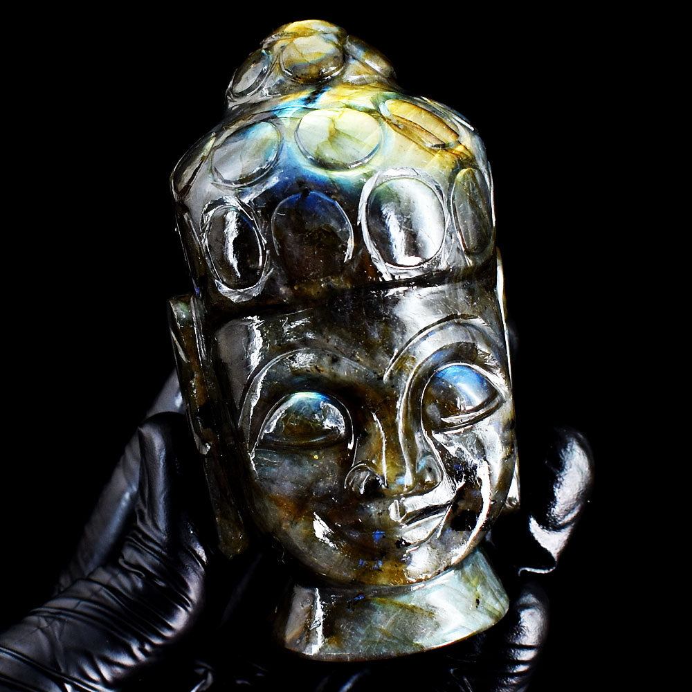 Golden & Blue Flash Labradorite 1650.00 Cts Genuine Hand Carved Crystal Gemstone Buddha Head Carving Golden & Blue Flash Labradorite 1650.00 Cts Genuine Hand Carved Crystal Gemstone Buddha Head Carving