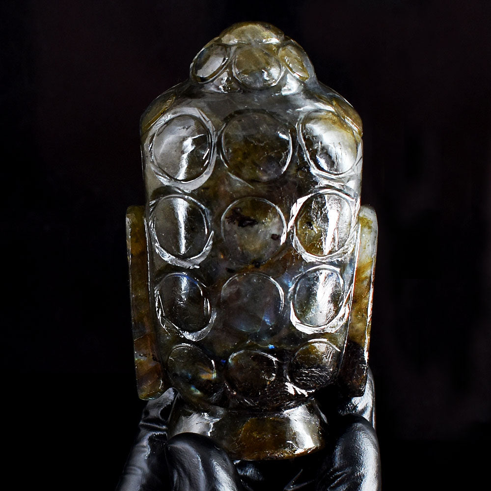 Golden & Blue Flash Labradorite 1650.00 Cts Genuine Hand Carved Crystal Gemstone Buddha Head Carving Golden & Blue Flash Labradorite 1650.00 Cts Genuine Hand Carved Crystal Gemstone Buddha Head Carving