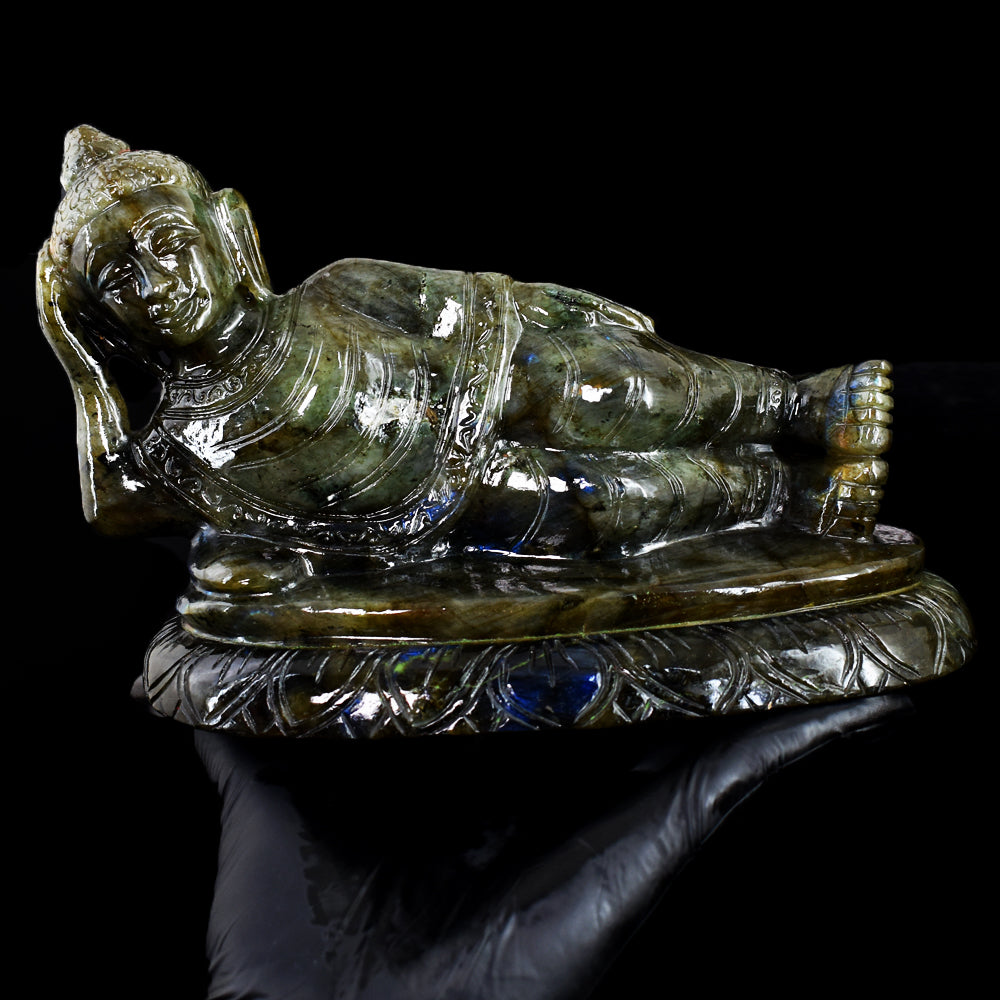Exclusive 7235.00 Cts Genuine Blue Flash Labradorite Hand Carved Crystal Sleeping Buddha Gemstone Carving Exclusive 7235.00 Cts Genuine Blue Flash Labradorite Hand Carved Crystal Sleeping Buddha Gemstone Carving