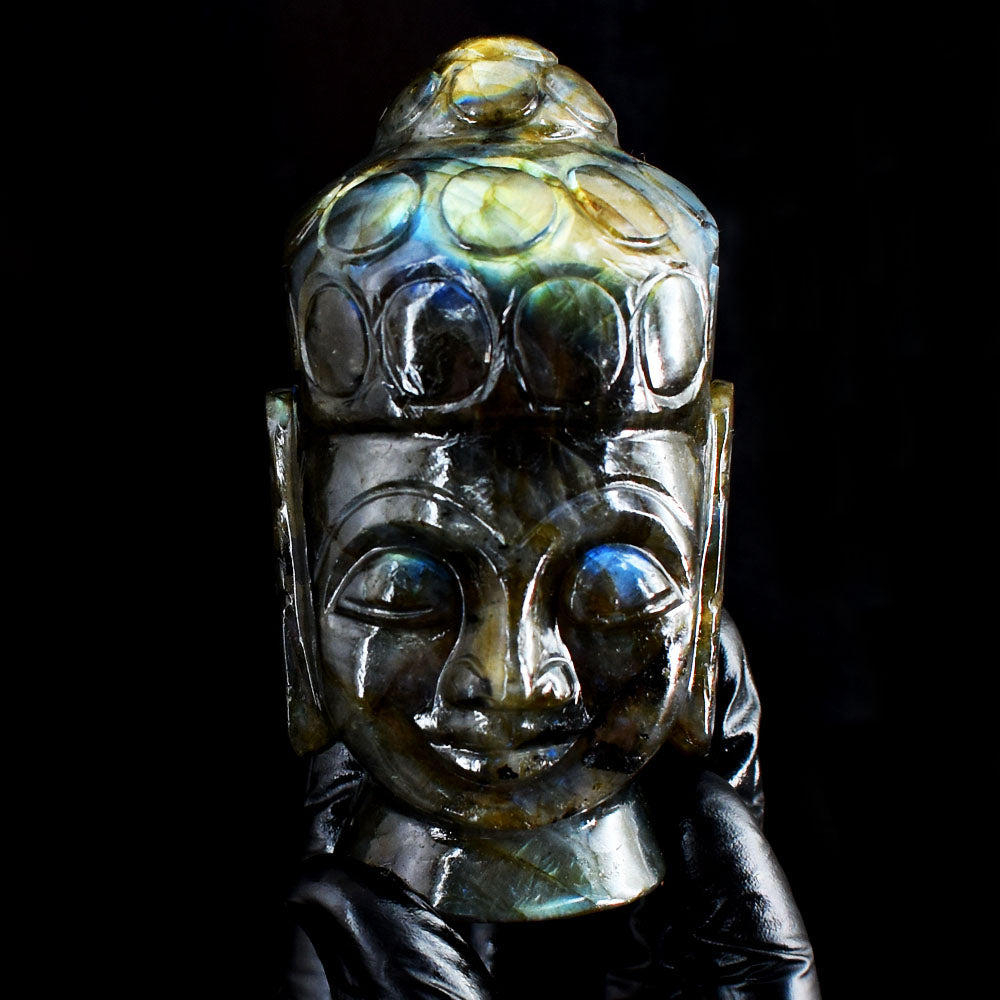 Golden & Blue Flash Labradorite 1650.00 Cts Genuine Hand Carved Crystal Gemstone Buddha Head Carving Golden & Blue Flash Labradorite 1650.00 Cts Genuine Hand Carved Crystal Gemstone Buddha Head Carving