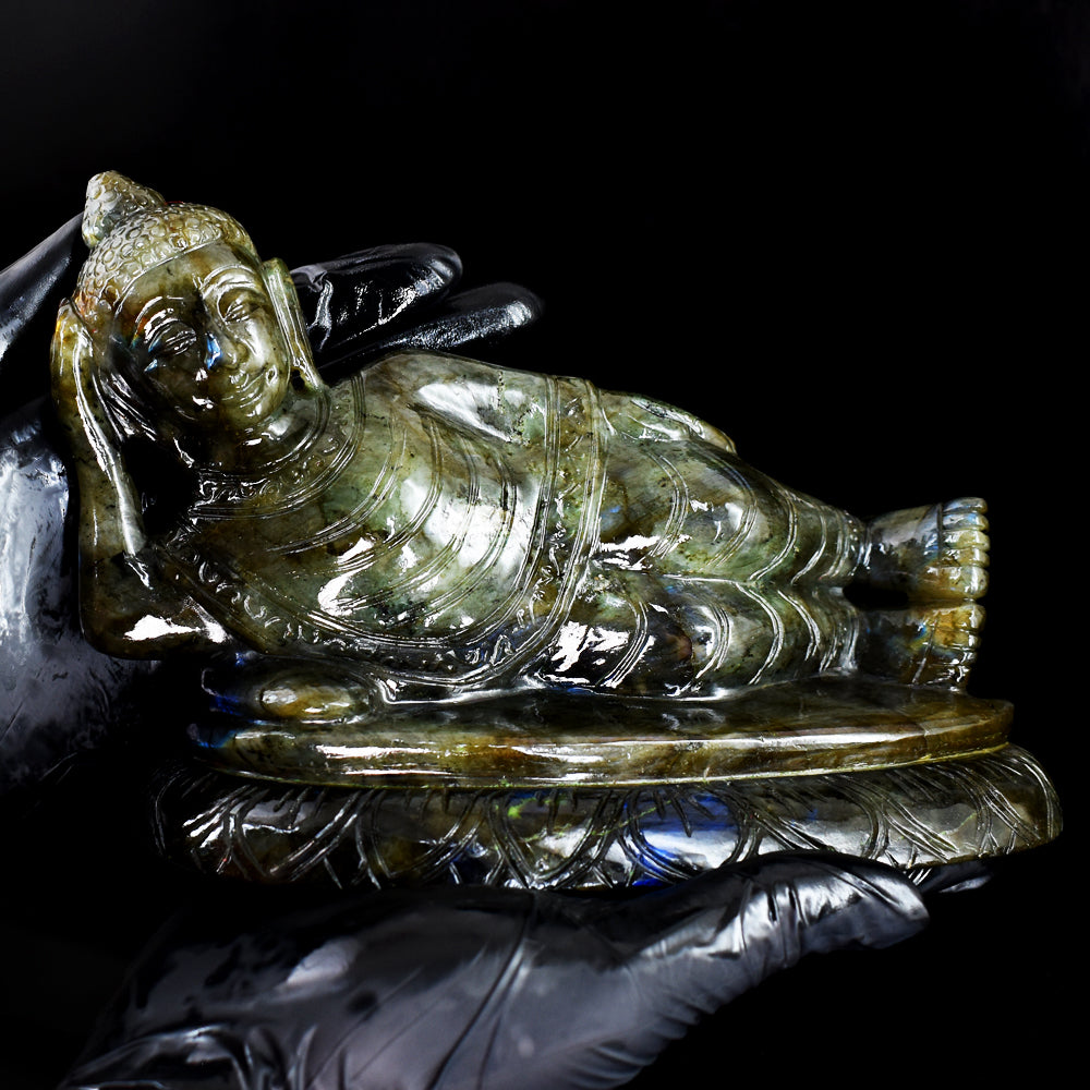 Exclusive 7235.00 Cts Genuine Blue Flash Labradorite Hand Carved Crystal Sleeping Buddha Gemstone Carving Exclusive 7235.00 Cts Genuine Blue Flash Labradorite Hand Carved Crystal Sleeping Buddha Gemstone Carving