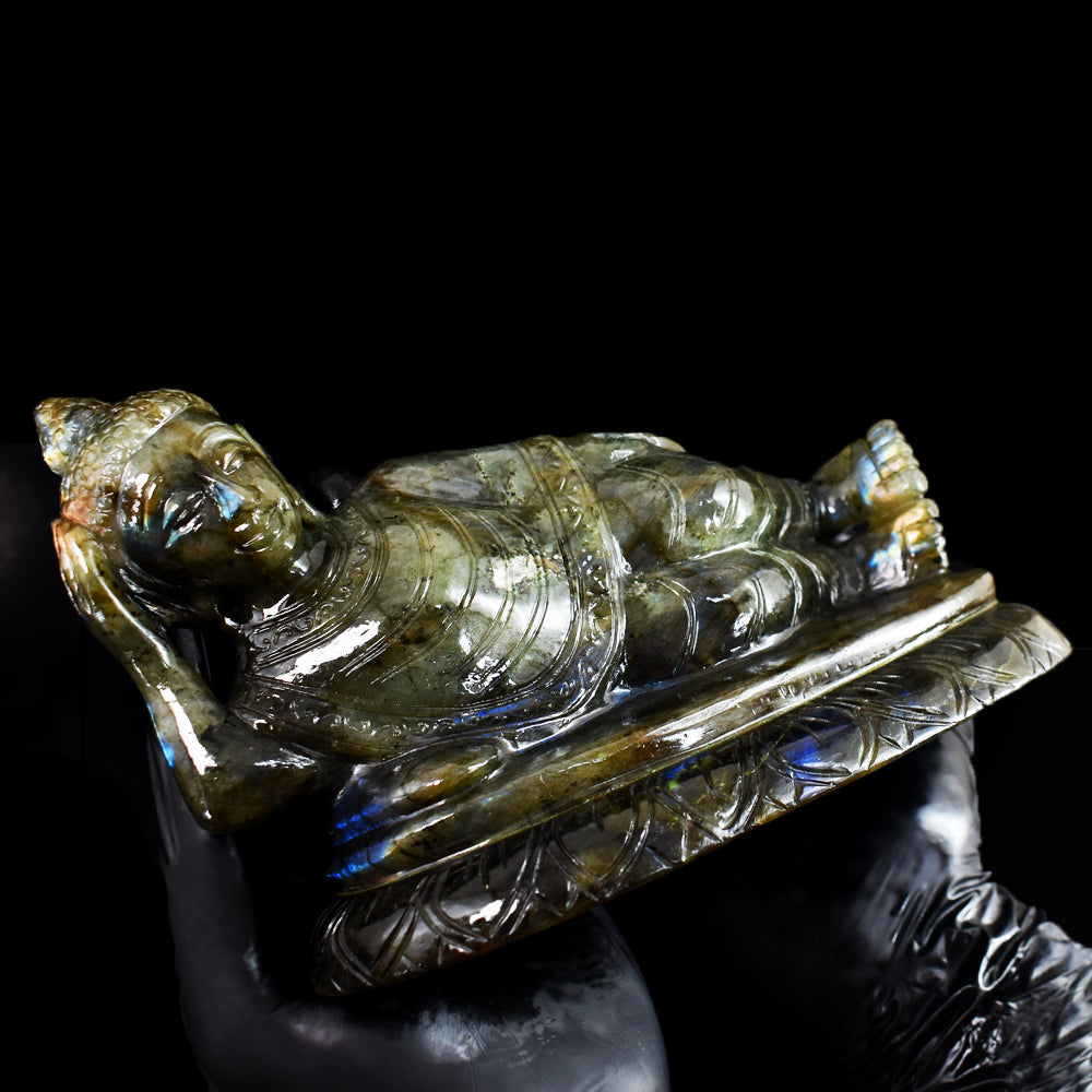 Exclusive 7235.00 Cts Genuine Blue Flash Labradorite Hand Carved Crystal Sleeping Buddha Gemstone Carving Exclusive 7235.00 Cts Genuine Blue Flash Labradorite Hand Carved Crystal Sleeping Buddha Gemstone Carving
