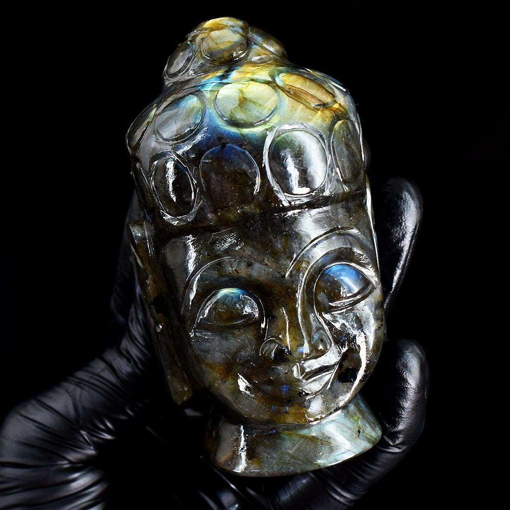 Golden & Blue Flash Labradorite 1650.00 Cts Genuine Hand Carved Crystal Gemstone Buddha Head Carving Golden & Blue Flash Labradorite 1650.00 Cts Genuine Hand Carved Crystal Gemstone Buddha Head Carving