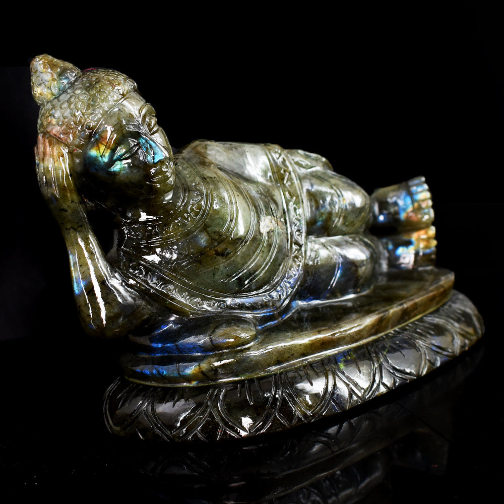 Exclusive 7235.00 Cts Genuine Blue Flash Labradorite Hand Carved Crystal Sleeping Buddha Gemstone Carving Exclusive 7235.00 Cts Genuine Blue Flash Labradorite Hand Carved Crystal Sleeping Buddha Gemstone Carving