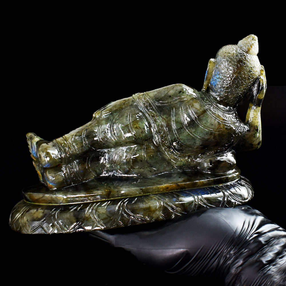 Exclusive 7235.00 Cts Genuine Blue Flash Labradorite Hand Carved Crystal Sleeping Buddha Gemstone Carving Exclusive 7235.00 Cts Genuine Blue Flash Labradorite Hand Carved Crystal Sleeping Buddha Gemstone Carving