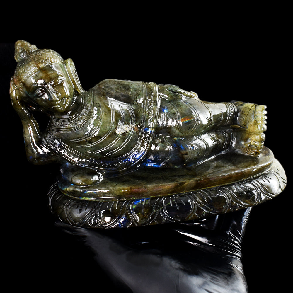 Exclusive 7235.00 Cts Genuine Blue Flash Labradorite Hand Carved Crystal Sleeping Buddha Gemstone Carving Exclusive 7235.00 Cts Genuine Blue Flash Labradorite Hand Carved Crystal Sleeping Buddha Gemstone Carving