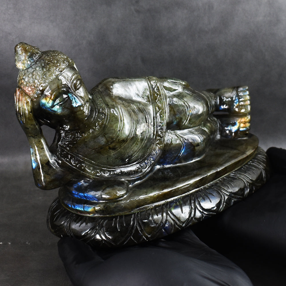 Exclusive 7235.00 Cts Genuine Blue Flash Labradorite Hand Carved Crystal Sleeping Buddha Gemstone Carving Exclusive 7235.00 Cts Genuine Blue Flash Labradorite Hand Carved Crystal Sleeping Buddha Gemstone Carving