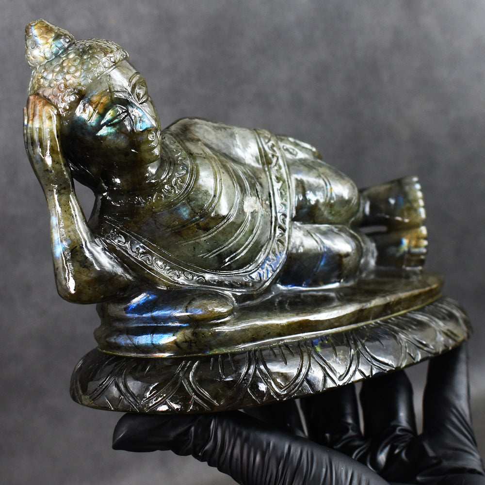 Exclusive 7235.00 Cts Genuine Blue Flash Labradorite Hand Carved Crystal Sleeping Buddha Gemstone Carving Exclusive 7235.00 Cts Genuine Blue Flash Labradorite Hand Carved Crystal Sleeping Buddha Gemstone Carving