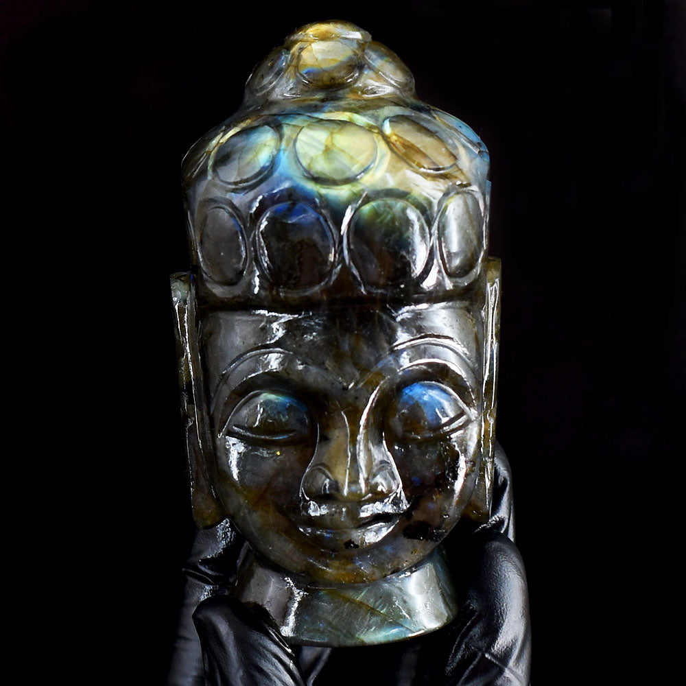 Golden & Blue Flash Labradorite 1650.00 Cts Genuine Hand Carved Crystal Gemstone Buddha Head Carving Golden & Blue Flash Labradorite 1650.00 Cts Genuine Hand Carved Crystal Gemstone Buddha Head Carving