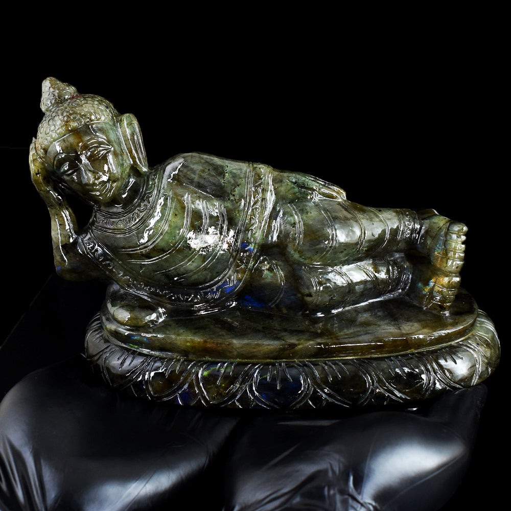 Exclusive 7235.00 Cts Genuine Blue Flash Labradorite Hand Carved Crystal Sleeping Buddha Gemstone Carving Exclusive 7235.00 Cts Genuine Blue Flash Labradorite Hand Carved Crystal Sleeping Buddha Gemstone Carving