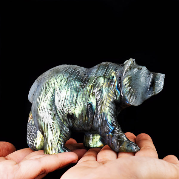 Exclusive 2516.00 Cts  Genuine Amazing Flash Labradorite Hand Carved  Bear  Gemstone  Carving