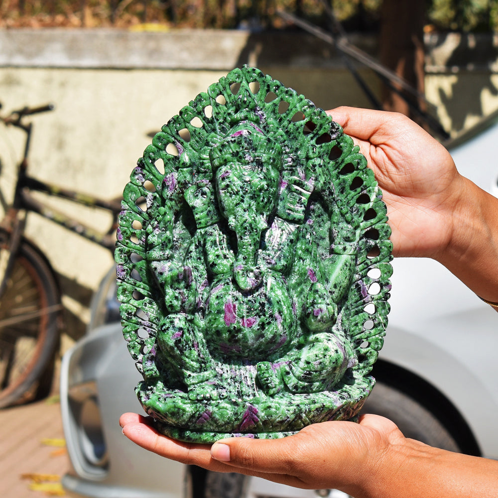 Stunning 13300.00 Cts  Genuine Ruby Zoisite Hand Carved Crystal Gemstone Carving Lord Ganesha