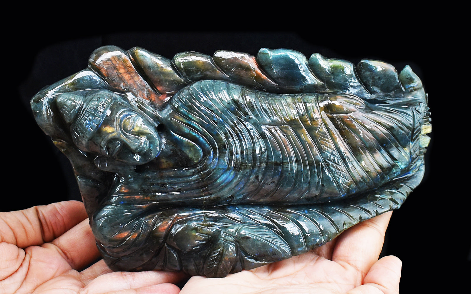 Excellent 6890.00 Cts Genuine Pink Flash Labradorite Hand Carved Sleeping Lord Buddha Gemstone Carving Excellent 6890.00 Cts Genuine Pink Flash Labradorite Hand Carved Sleeping Lord Buddha Gemstone Carving