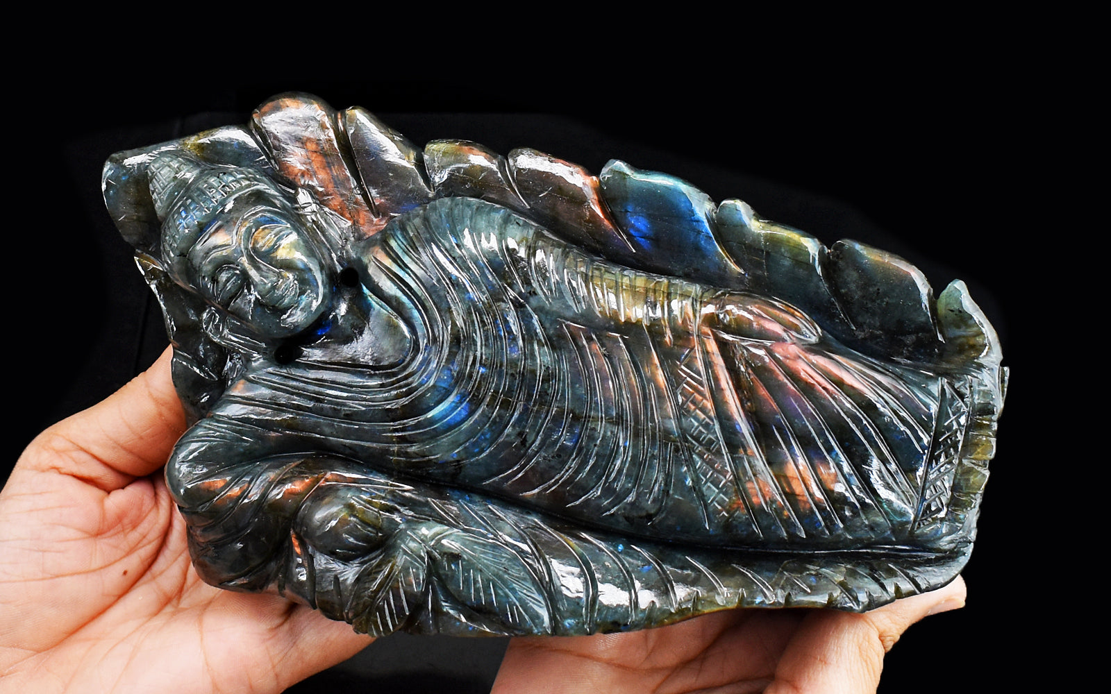 Excellent 6890.00 Cts Genuine Pink Flash Labradorite Hand Carved Sleeping Lord Buddha Gemstone Carving Excellent 6890.00 Cts Genuine Pink Flash Labradorite Hand Carved Sleeping Lord Buddha Gemstone Carving