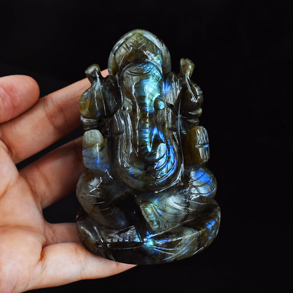Beautiful 1699.00 Cts Genuine  Blue Flash Labradorite Hand Carved Crystal Lord Ganesha Gemstone Carving