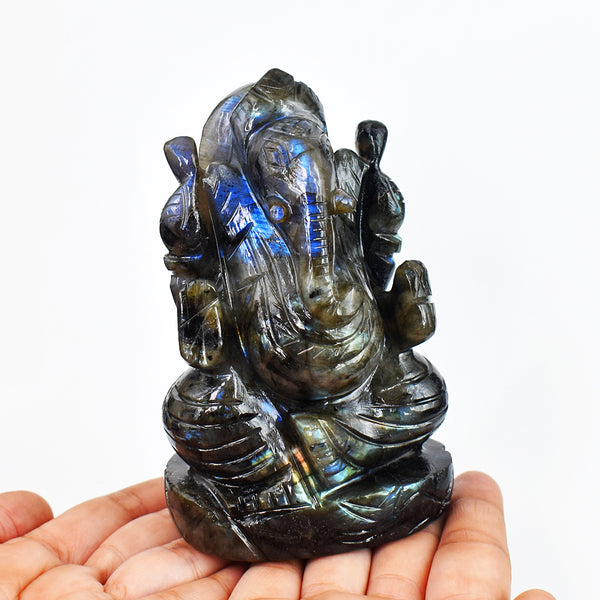 Stunning 3319.00 Cts Genuine Amazing Flash Labradorite Hand Carved Crystal Gemstone Carving Lord Ganesha