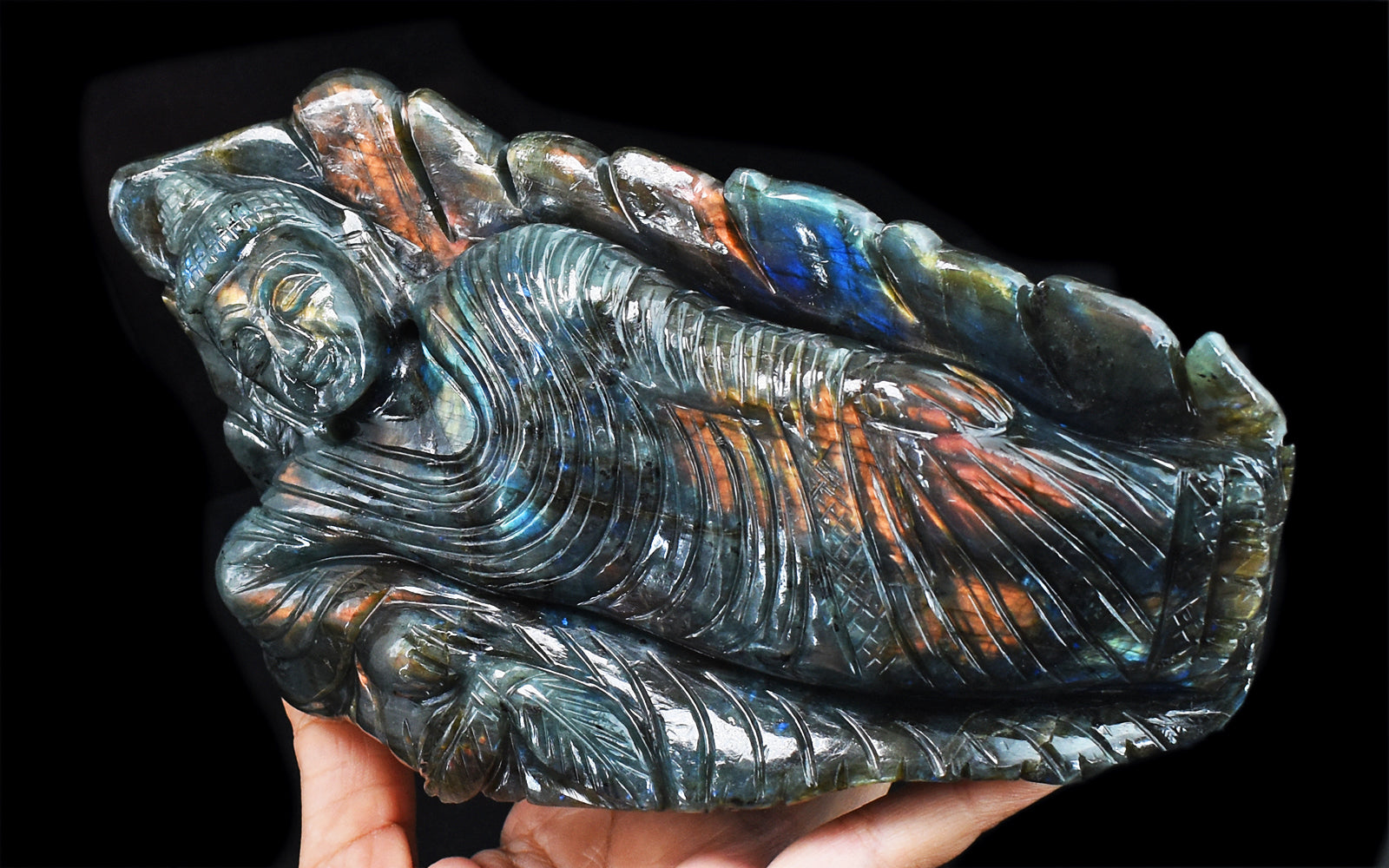 Excellent 6890.00 Cts Genuine Pink Flash Labradorite Hand Carved Sleeping Lord Buddha Gemstone Carving Excellent 6890.00 Cts Genuine Pink Flash Labradorite Hand Carved Sleeping Lord Buddha Gemstone Carving