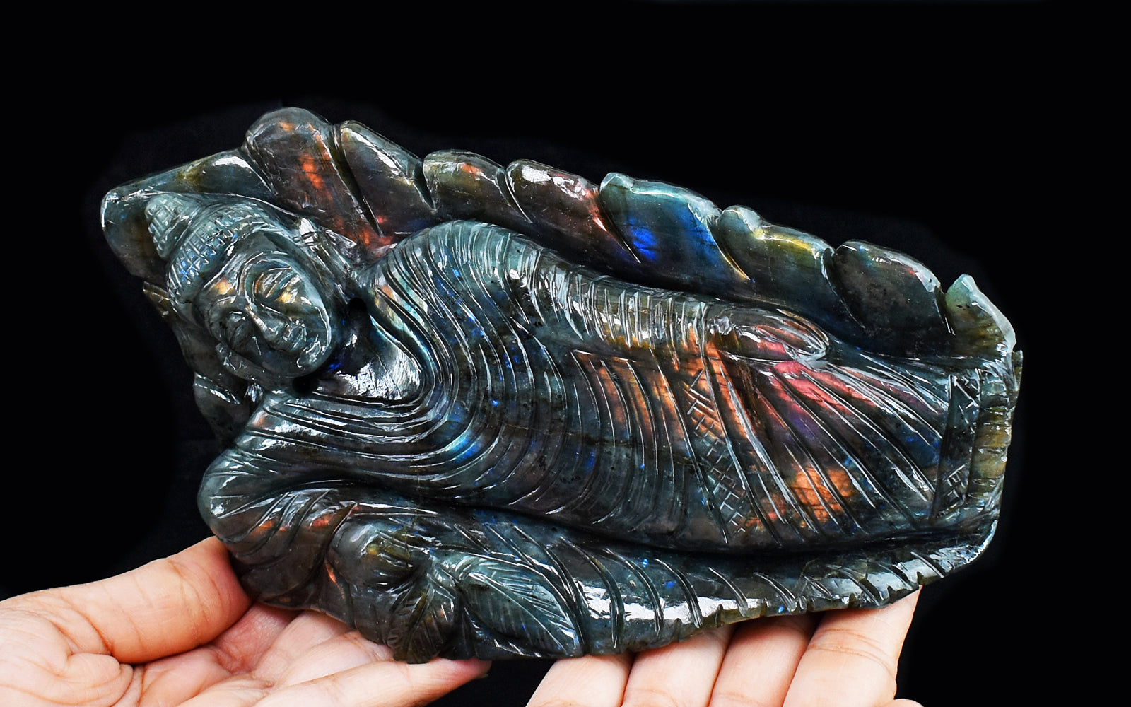 Excellent 6890.00 Cts Genuine Pink Flash Labradorite Hand Carved Sleeping Lord Buddha Gemstone Carving Excellent 6890.00 Cts Genuine Pink Flash Labradorite Hand Carved Sleeping Lord Buddha Gemstone Carving