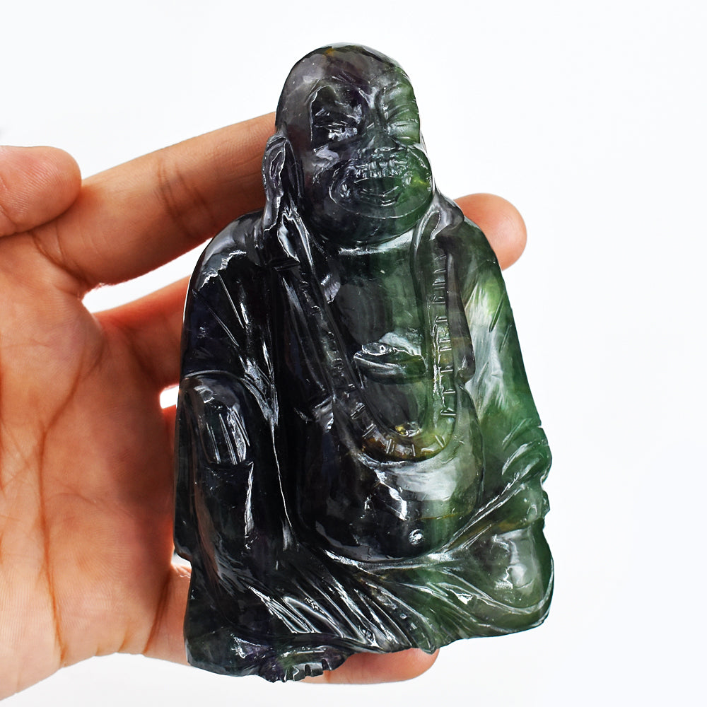 Amazing 2356.00 Cts Genuine Multicolor Fluorite Hand Carved Crystal Gemstone Carving Laughing Buddha
