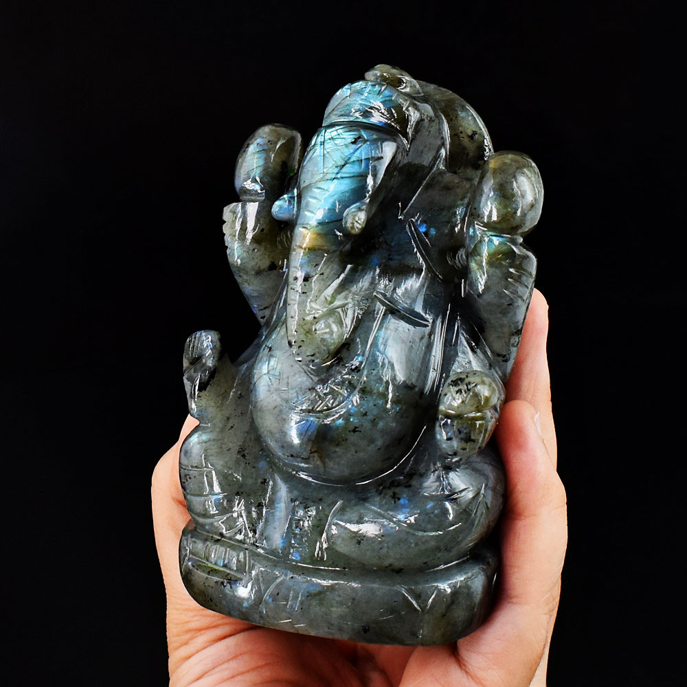 Craftsmen 2325.00 Cts Genuine Blue Flash Labradorite Hand Carved  Crystal Gemstone Carving Lord Ganesha