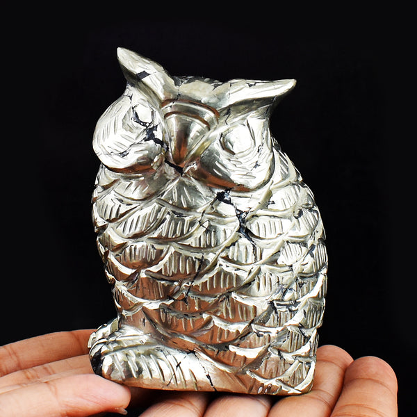 Artisian  4014.00 Carats Genuine Golden Pyrite Hand Carved Crystal Gemstone Owl Carving