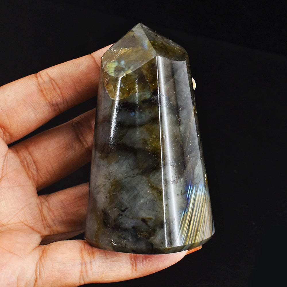 Genuine  913.00  Cts Golden & Blue Flash Labradorite Hand Carved  Healing Crystal Point Genuine  913.00  Cts Golden & Blue Flash Labradorite Hand Carved  Healing Crystal Point