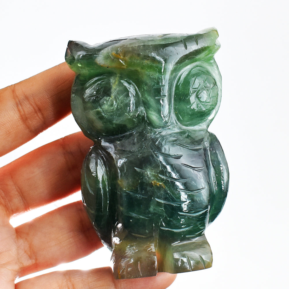 Exclusive  1237.00 Cts Genuine Multicolor Fluorite Hand Carved Crystal Gemstone Owl Carving