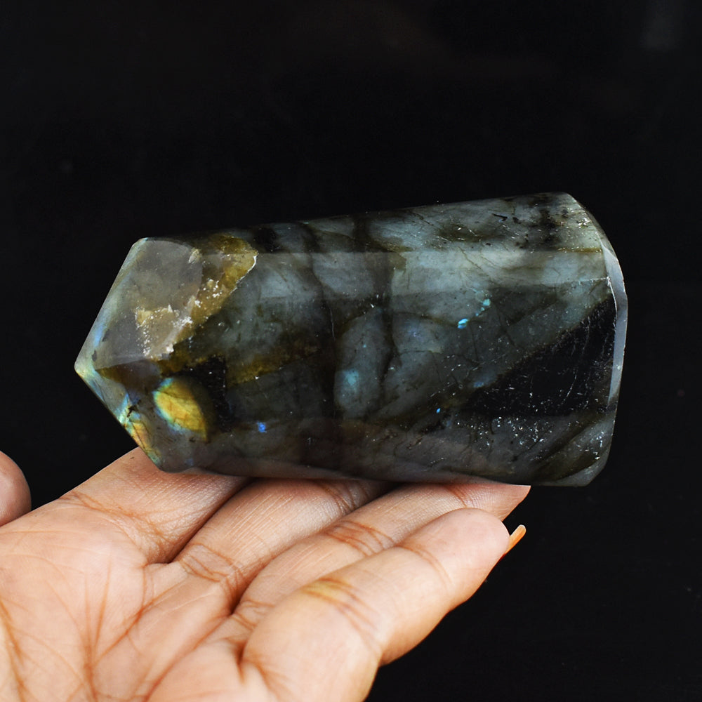 Genuine  913.00  Cts Golden & Blue Flash Labradorite Hand Carved  Healing Crystal Point Genuine  913.00  Cts Golden & Blue Flash Labradorite Hand Carved  Healing Crystal Point