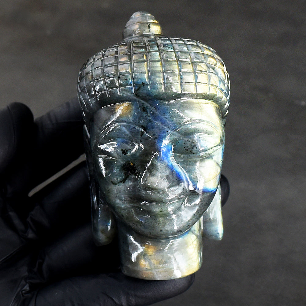 Awesome 1344.00 Cts Genuine Golden & Blue Flash Labradorite Hand Carved Crystal Gemstone Buddha Head Carving Awesome 1344.00 Cts Genuine Golden & Blue Flash Labradorite Hand Carved Crystal Gemstone Buddha Head Carving