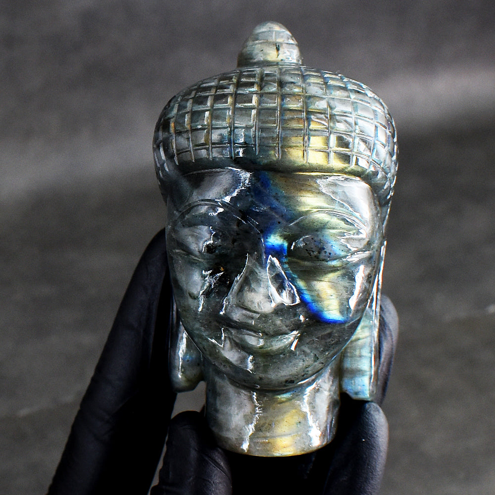 Awesome 1344.00 Cts Genuine Golden & Blue Flash Labradorite Hand Carved Crystal Gemstone Buddha Head Carving Awesome 1344.00 Cts Genuine Golden & Blue Flash Labradorite Hand Carved Crystal Gemstone Buddha Head Carving