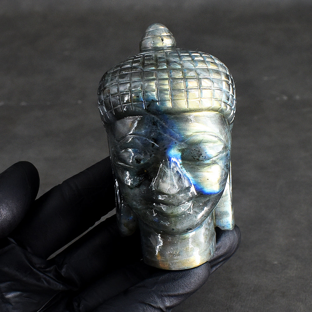 Awesome 1344.00 Cts Genuine Golden & Blue Flash Labradorite Hand Carved Crystal Gemstone Buddha Head Carving Awesome 1344.00 Cts Genuine Golden & Blue Flash Labradorite Hand Carved Crystal Gemstone Buddha Head Carving