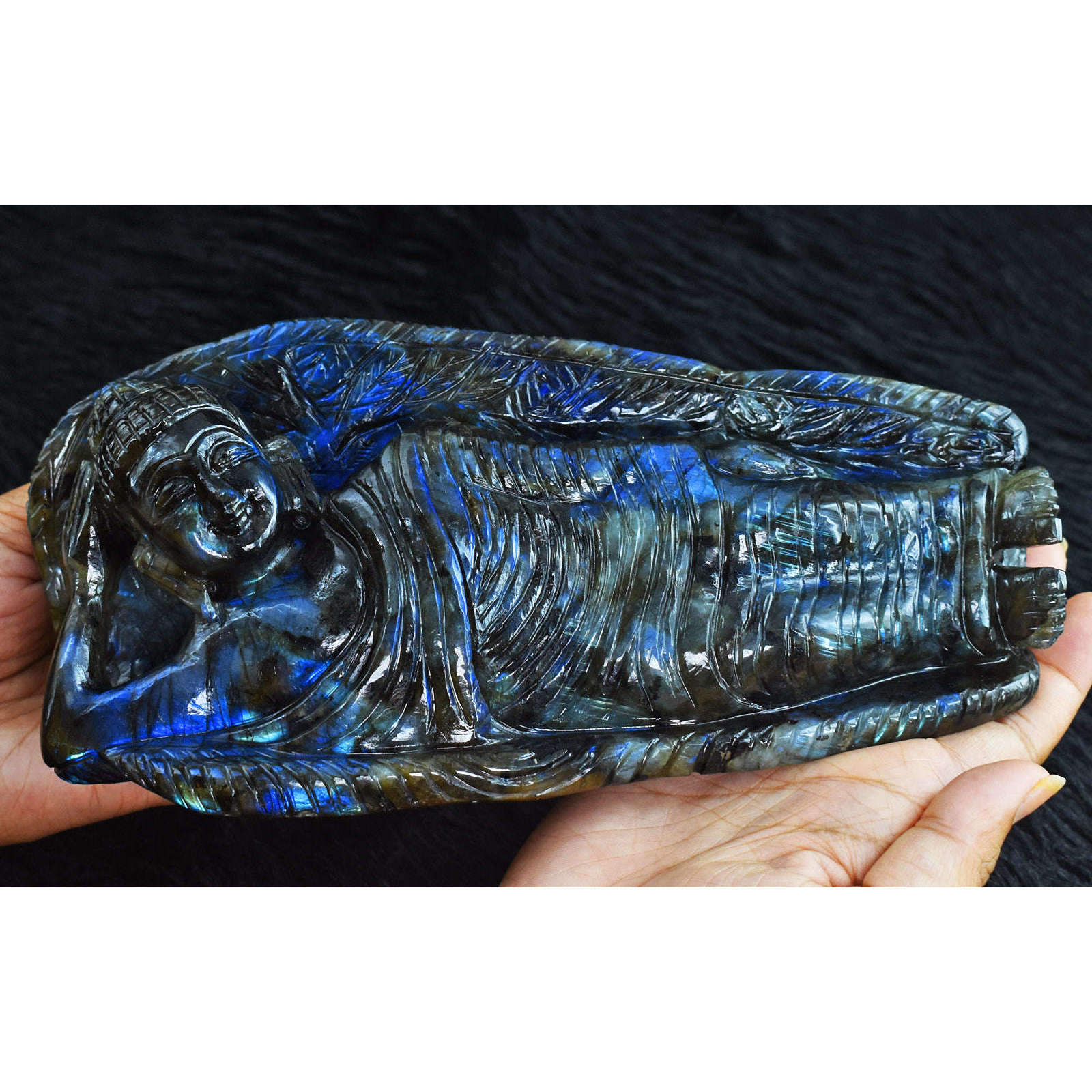 gemsmore:Awesome Royal Blue Flash Labradorite  Hand Carved Genuine Crystal Gemstone Sleeping Mudra Lord Buddha Carving gemsmore:Awesome Royal Blue Flash Labradorite  Hand Carved Genuine Crystal Gemstone Sleeping Mudra Lord Buddha Carving