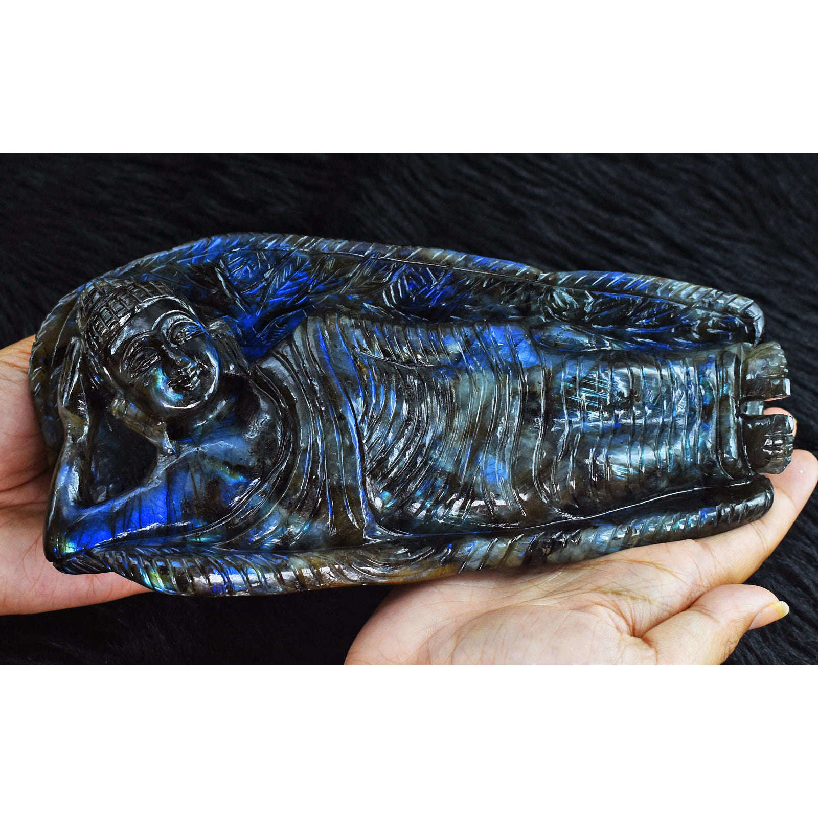 gemsmore:Awesome Royal Blue Flash Labradorite  Hand Carved Genuine Crystal Gemstone Sleeping Mudra Lord Buddha Carving gemsmore:Awesome Royal Blue Flash Labradorite  Hand Carved Genuine Crystal Gemstone Sleeping Mudra Lord Buddha Carving