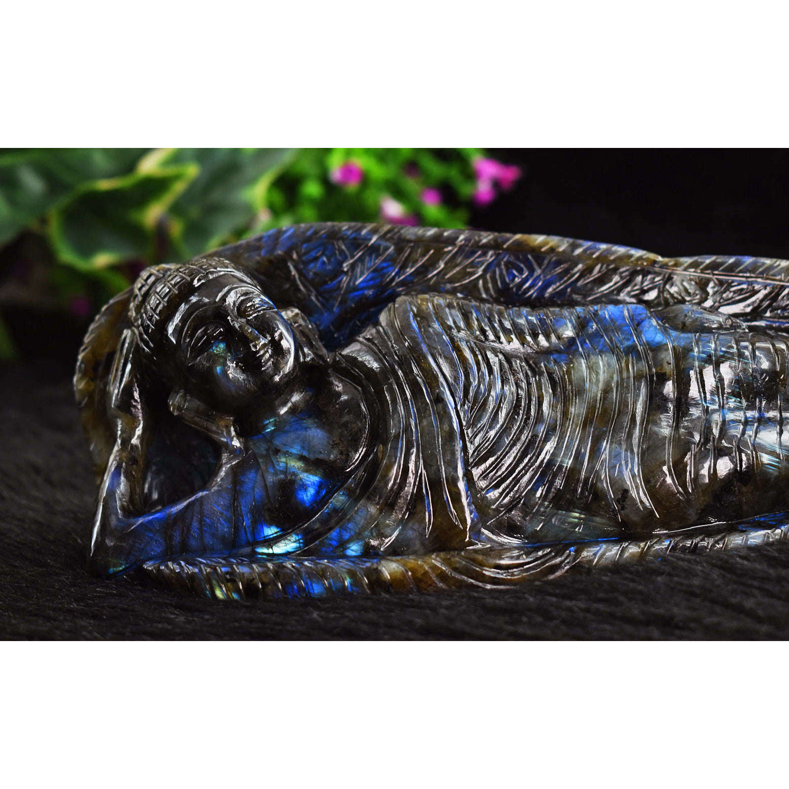 gemsmore:Awesome Royal Blue Flash Labradorite  Hand Carved Genuine Crystal Gemstone Sleeping Mudra Lord Buddha Carving gemsmore:Awesome Royal Blue Flash Labradorite  Hand Carved Genuine Crystal Gemstone Sleeping Mudra Lord Buddha Carving