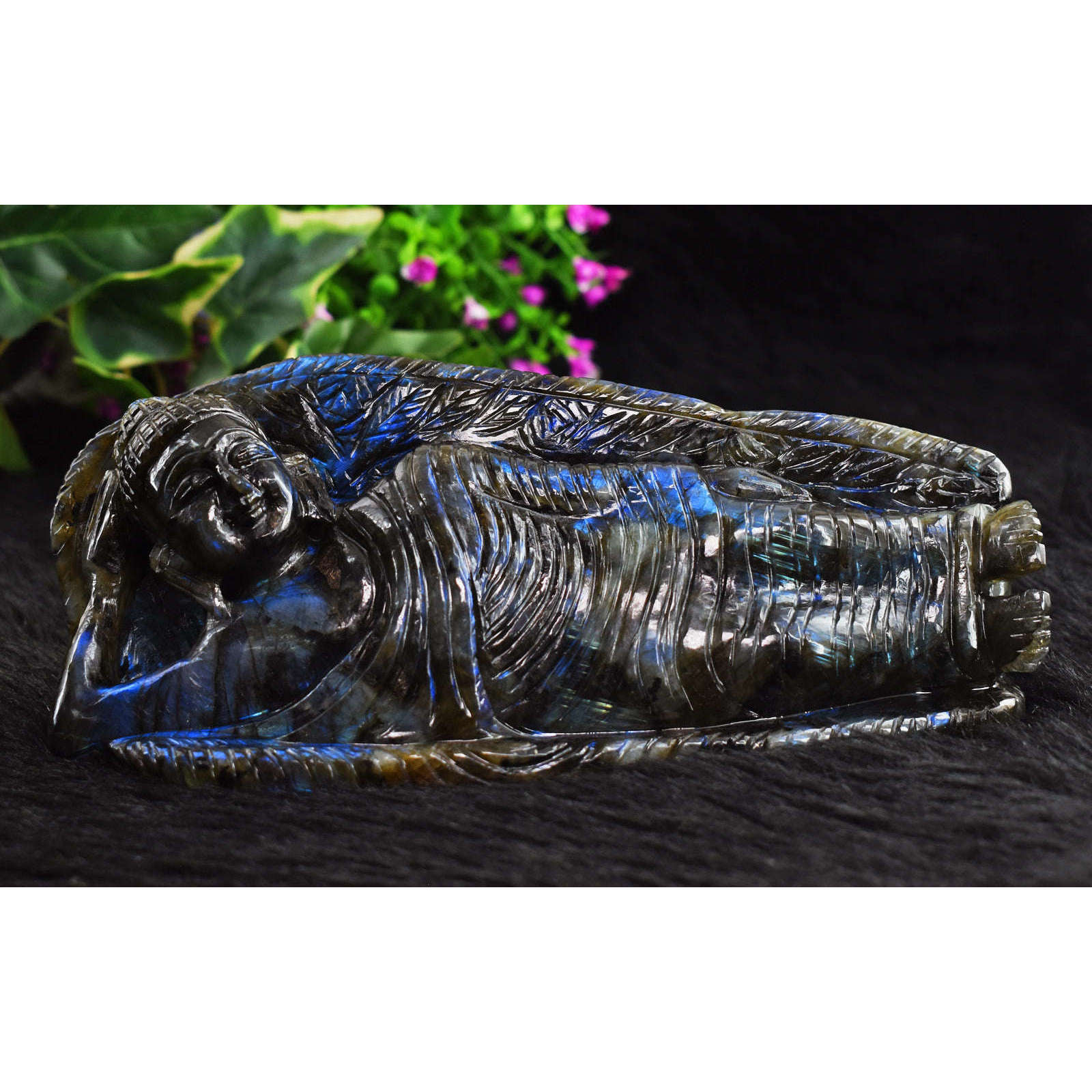gemsmore:Awesome Royal Blue Flash Labradorite  Hand Carved Genuine Crystal Gemstone Sleeping Mudra Lord Buddha Carving gemsmore:Awesome Royal Blue Flash Labradorite  Hand Carved Genuine Crystal Gemstone Sleeping Mudra Lord Buddha Carving