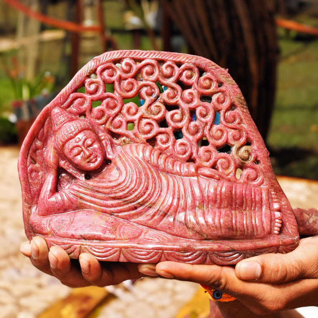gemsmore:Exclusive 11550.00  Cts  Genuine Rhodonite Hand Carved Genuine Crystal Gemstone Carving Sleeping Lord Buddha gemsmore:Exclusive 11550.00  Cts  Genuine Rhodonite Hand Carved Genuine Crystal Gemstone Carving Sleeping Lord Buddha