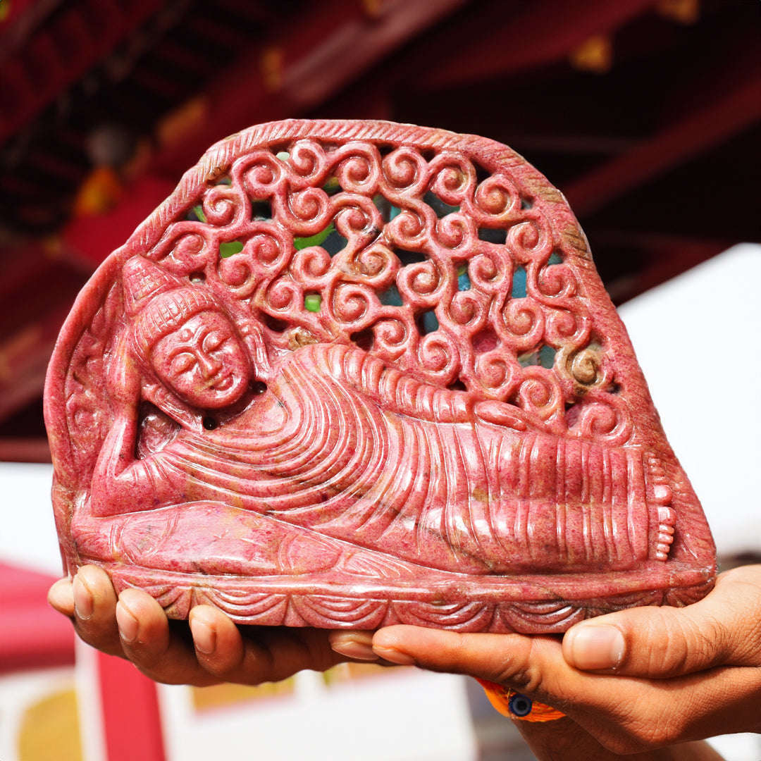 gemsmore:Exclusive 11550.00  Cts  Genuine Rhodonite Hand Carved Genuine Crystal Gemstone Carving Sleeping Lord Buddha gemsmore:Exclusive 11550.00  Cts  Genuine Rhodonite Hand Carved Genuine Crystal Gemstone Carving Sleeping Lord Buddha