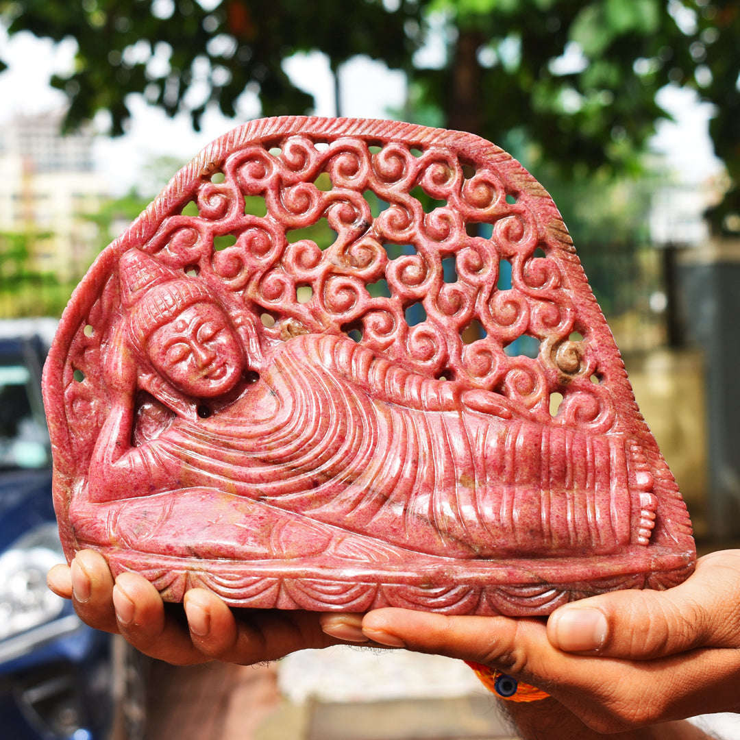 gemsmore:Exclusive 11550.00  Cts  Genuine Rhodonite Hand Carved Genuine Crystal Gemstone Carving Sleeping Lord Buddha gemsmore:Exclusive 11550.00  Cts  Genuine Rhodonite Hand Carved Genuine Crystal Gemstone Carving Sleeping Lord Buddha