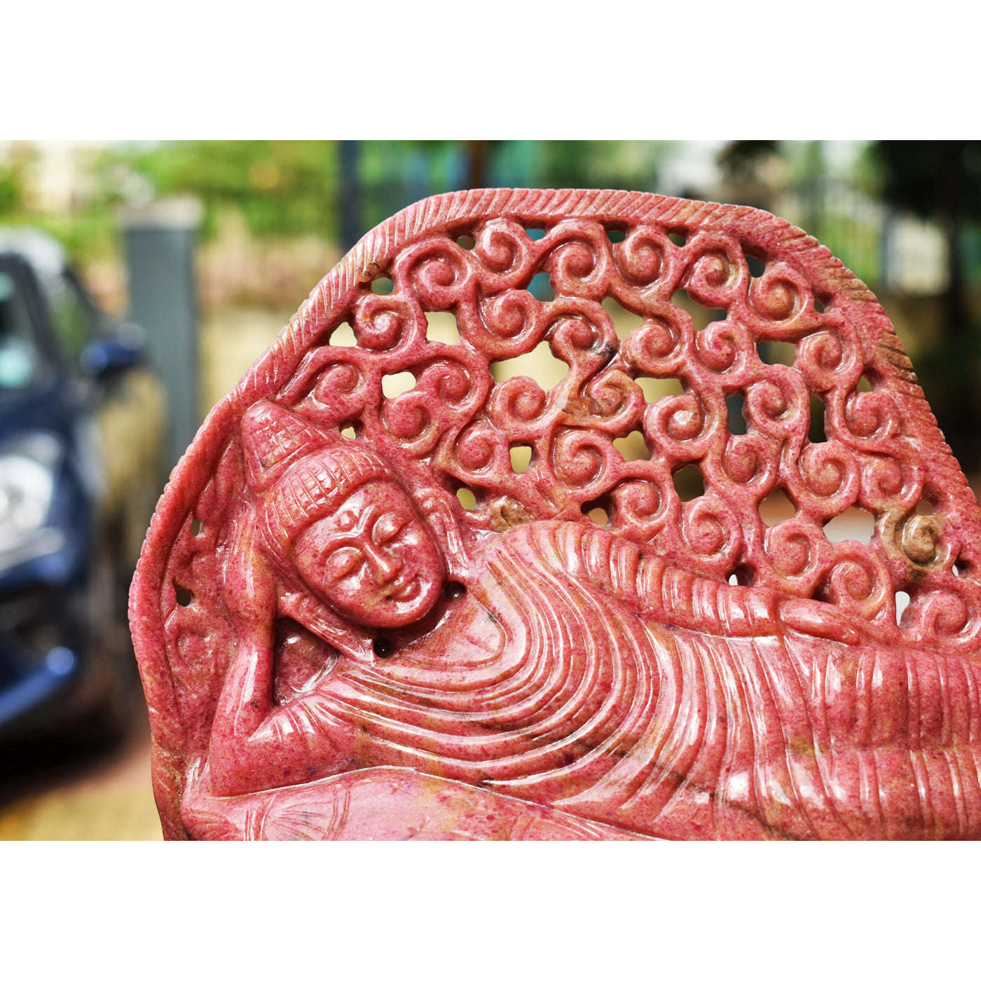 gemsmore:Exclusive 11550.00  Cts  Genuine Rhodonite Hand Carved Genuine Crystal Gemstone Carving Sleeping Lord Buddha gemsmore:Exclusive 11550.00  Cts  Genuine Rhodonite Hand Carved Genuine Crystal Gemstone Carving Sleeping Lord Buddha