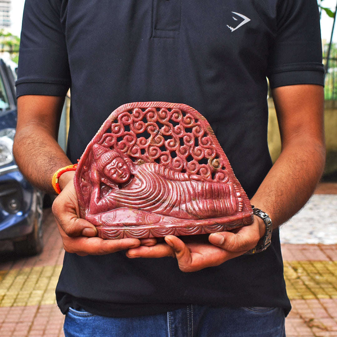 gemsmore:Exclusive 11550.00  Cts  Genuine Rhodonite Hand Carved Genuine Crystal Gemstone Carving Sleeping Lord Buddha gemsmore:Exclusive 11550.00  Cts  Genuine Rhodonite Hand Carved Genuine Crystal Gemstone Carving Sleeping Lord Buddha