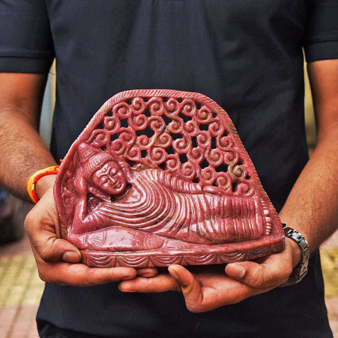 gemsmore:Exclusive 11550.00  Cts  Genuine Rhodonite Hand Carved Genuine Crystal Gemstone Carving Sleeping Lord Buddha gemsmore:Exclusive 11550.00  Cts  Genuine Rhodonite Hand Carved Genuine Crystal Gemstone Carving Sleeping Lord Buddha