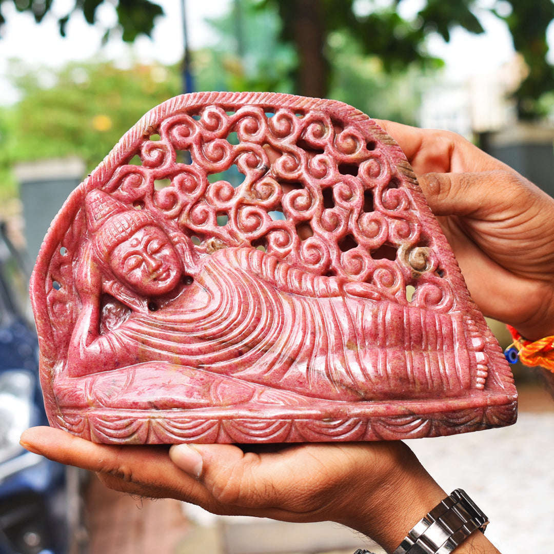 gemsmore:Exclusive 11550.00  Cts  Genuine Rhodonite Hand Carved Genuine Crystal Gemstone Carving Sleeping Lord Buddha gemsmore:Exclusive 11550.00  Cts  Genuine Rhodonite Hand Carved Genuine Crystal Gemstone Carving Sleeping Lord Buddha