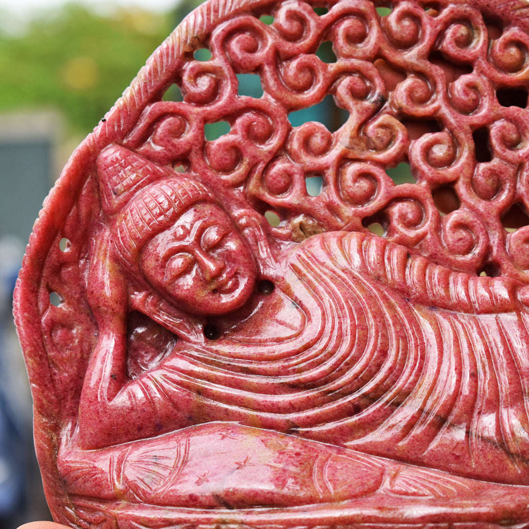 gemsmore:Exclusive 11550.00  Cts  Genuine Rhodonite Hand Carved Genuine Crystal Gemstone Carving Sleeping Lord Buddha gemsmore:Exclusive 11550.00  Cts  Genuine Rhodonite Hand Carved Genuine Crystal Gemstone Carving Sleeping Lord Buddha